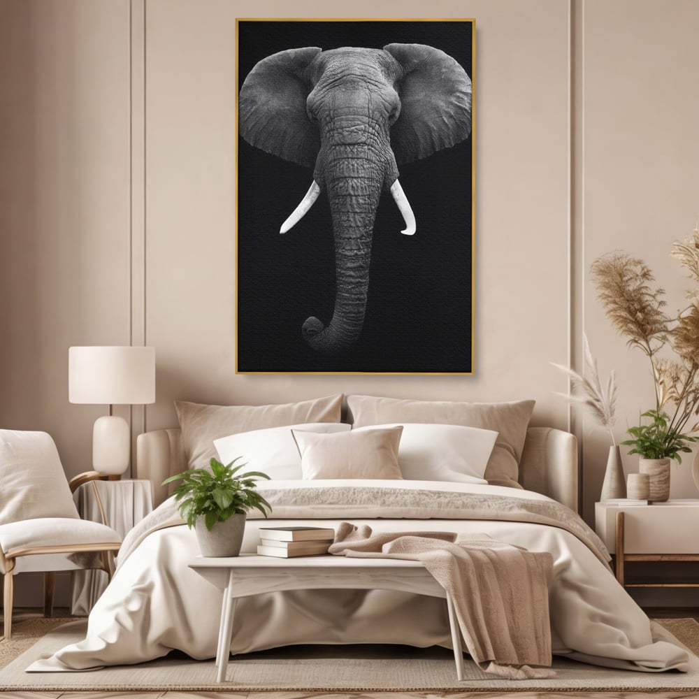 Tablou Canvas Premium, LuxCanva® M1310, Axa Puterii, Alb si Negru, Portret, Impunator, Realist, Elefant, Colti, Trompa, Animal, Simplitate, Vertical, Birou, Living, Camera Copil