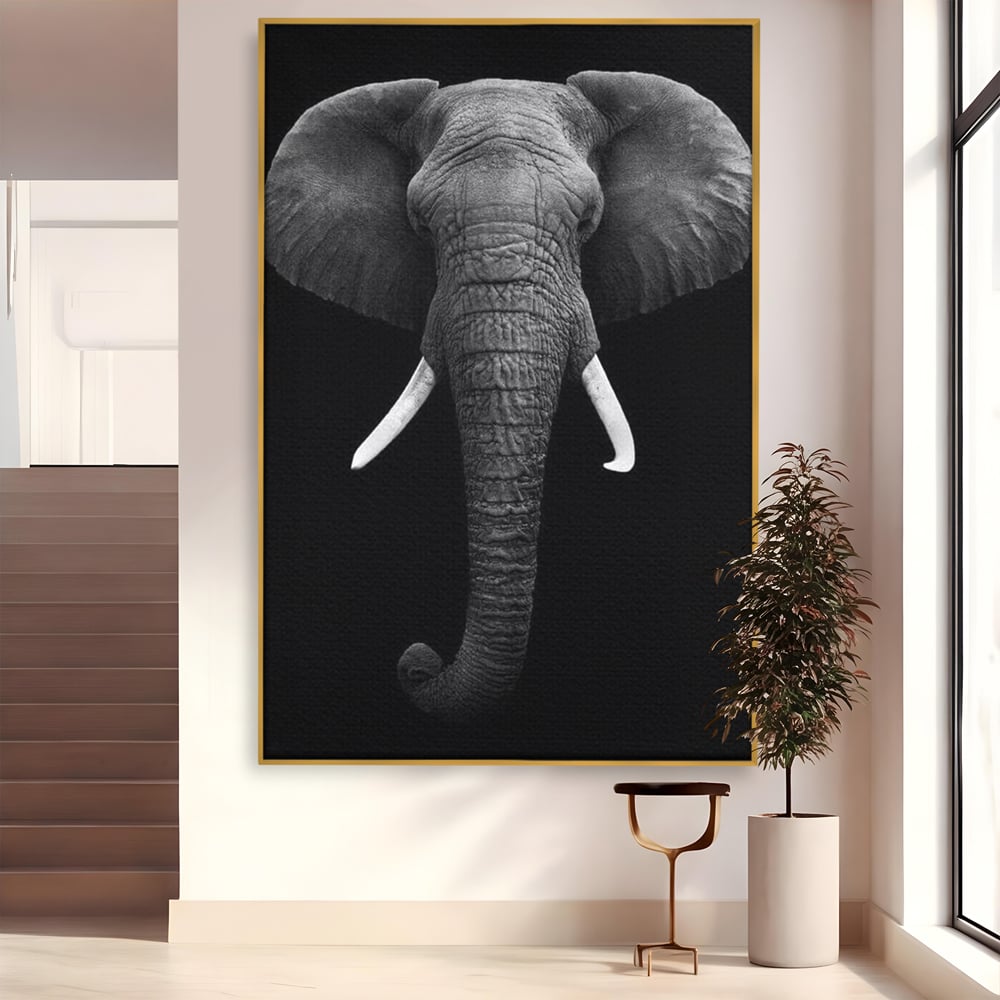 Tablou Canvas Premium, LuxCanva® M1310, Axa Puterii, Alb si Negru, Portret, Impunator, Realist, Elefant, Colti, Trompa, Animal, Simplitate, Vertical, Birou, Living, Camera Copil