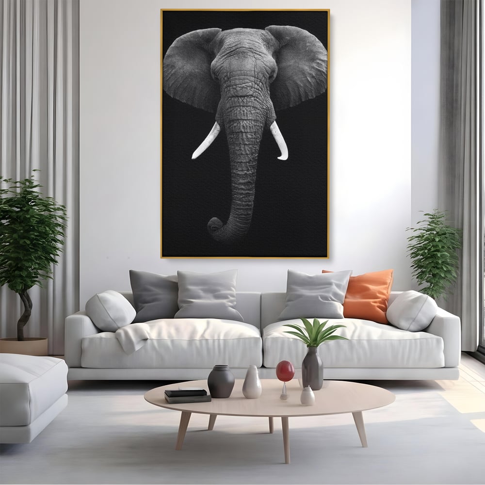 Tablou Canvas Premium, LuxCanva® M1310, Axa Puterii, Alb si Negru, Portret, Impunator, Realist, Elefant, Colti, Trompa, Animal, Simplitate, Vertical, Birou, Living, Camera Copil
