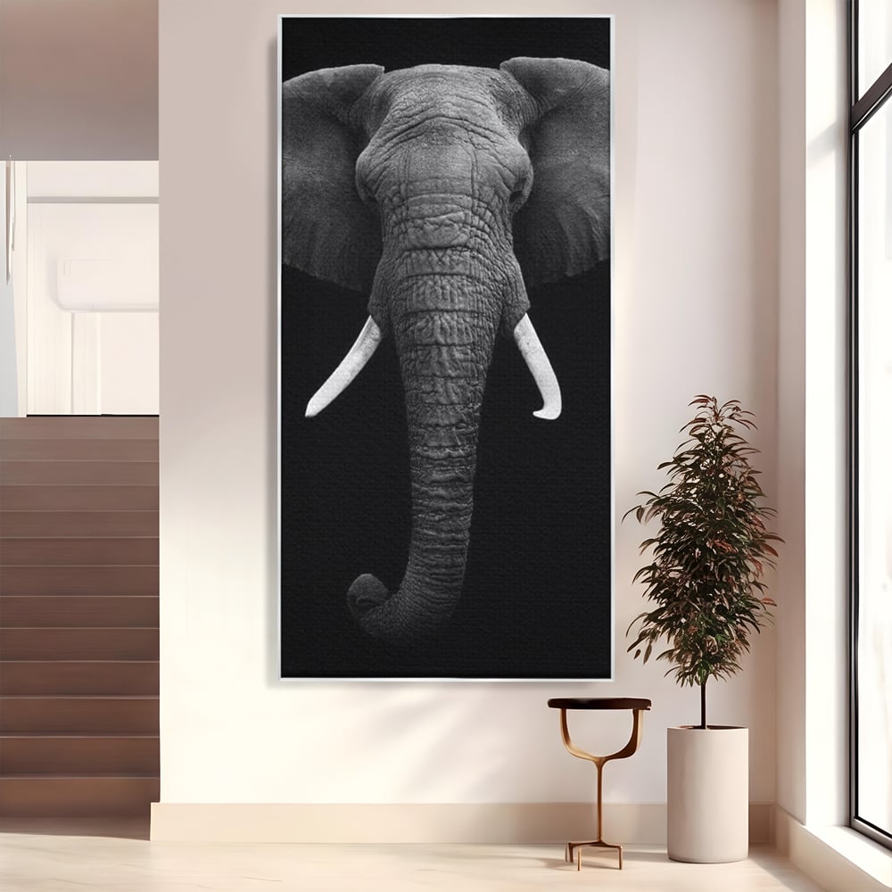 Tablou Canvas Premium, LuxCanva® M1310, Axa Puterii, Alb si Negru, Portret, Impunator, Realist, Elefant, Colti, Trompa, Animal, Simplitate, Vertical, Birou, Living, Camera Copil
