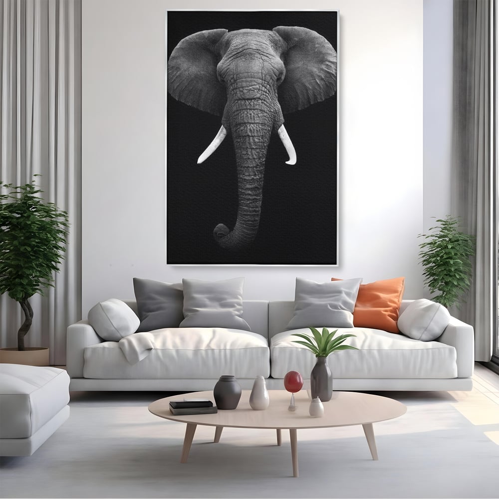 Tablou Canvas Premium, LuxCanva® M1310, Axa Puterii, Alb si Negru, Portret, Impunator, Realist, Elefant, Colti, Trompa, Animal, Simplitate, Vertical, Birou, Living, Camera Copil