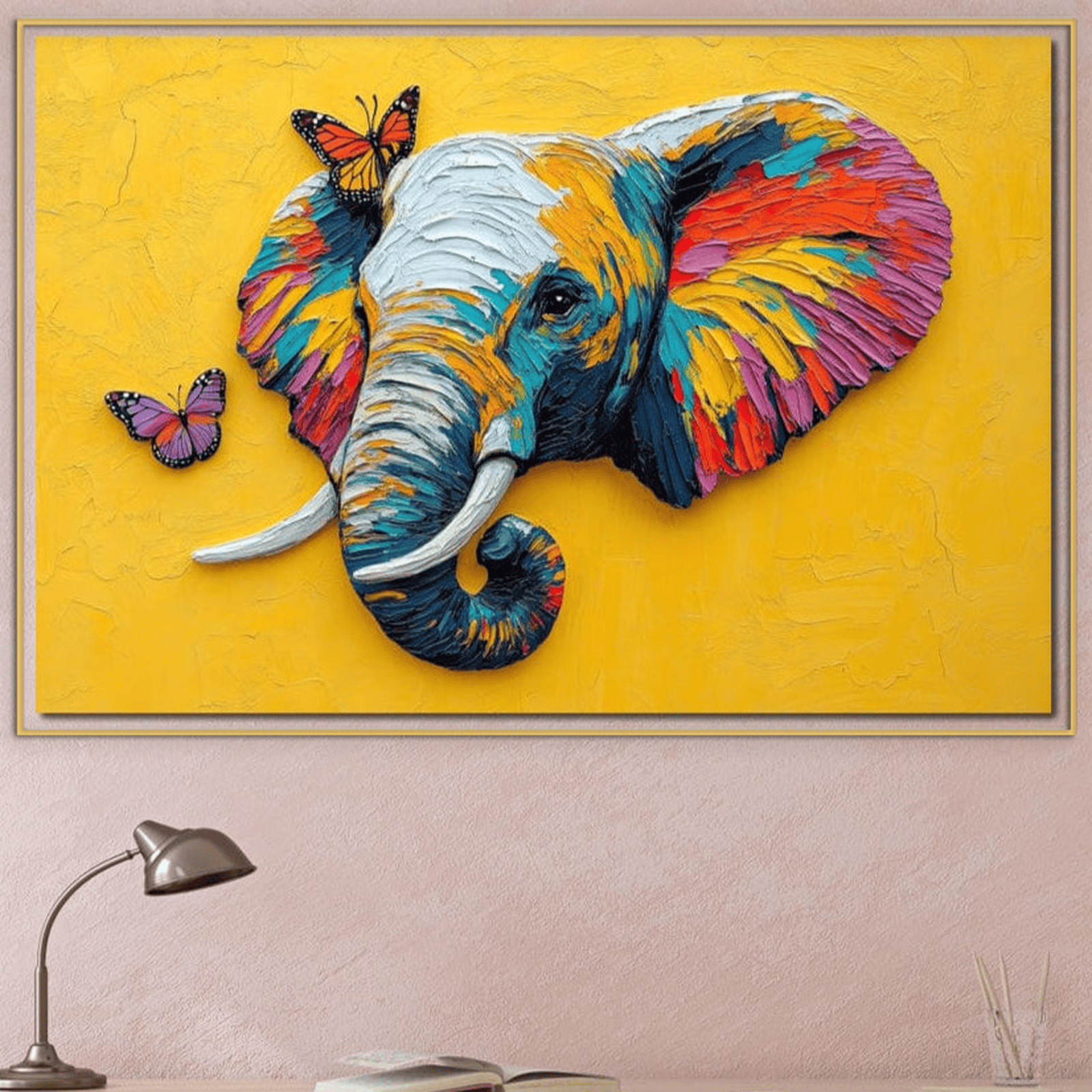 Tablou Canvas Premium, LuxCanva® M1311, Reverie Exotica, Pictura, Elefant, Fluturi, Aripi, Cromatic, Vesel, Portret, Profil, Texturat, Culori Vibrante, Birou, Living, Camera Copil