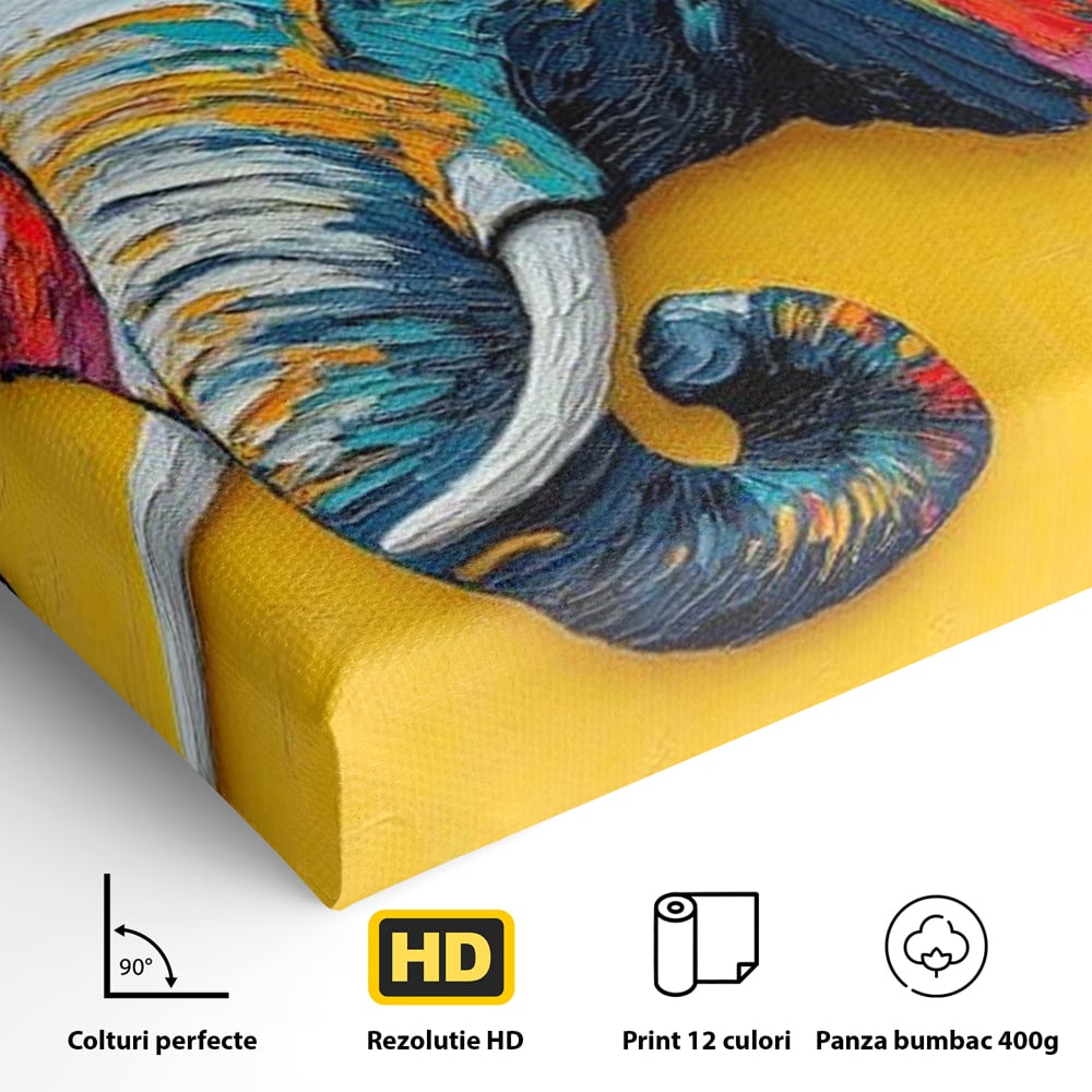 Tablou Canvas Premium, LuxCanva® M1311, Reverie Exotica, Pictura, Elefant, Fluturi, Aripi, Cromatic, Vesel, Portret, Profil, Texturat, Culori Vibrante, Birou, Living, Camera Copil