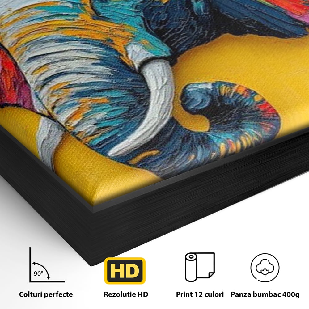 Tablou Canvas Premium, LuxCanva® M1311, Reverie Exotica, Pictura, Elefant, Fluturi, Aripi, Cromatic, Vesel, Portret, Profil, Texturat, Culori Vibrante, Birou, Living, Camera Copil
