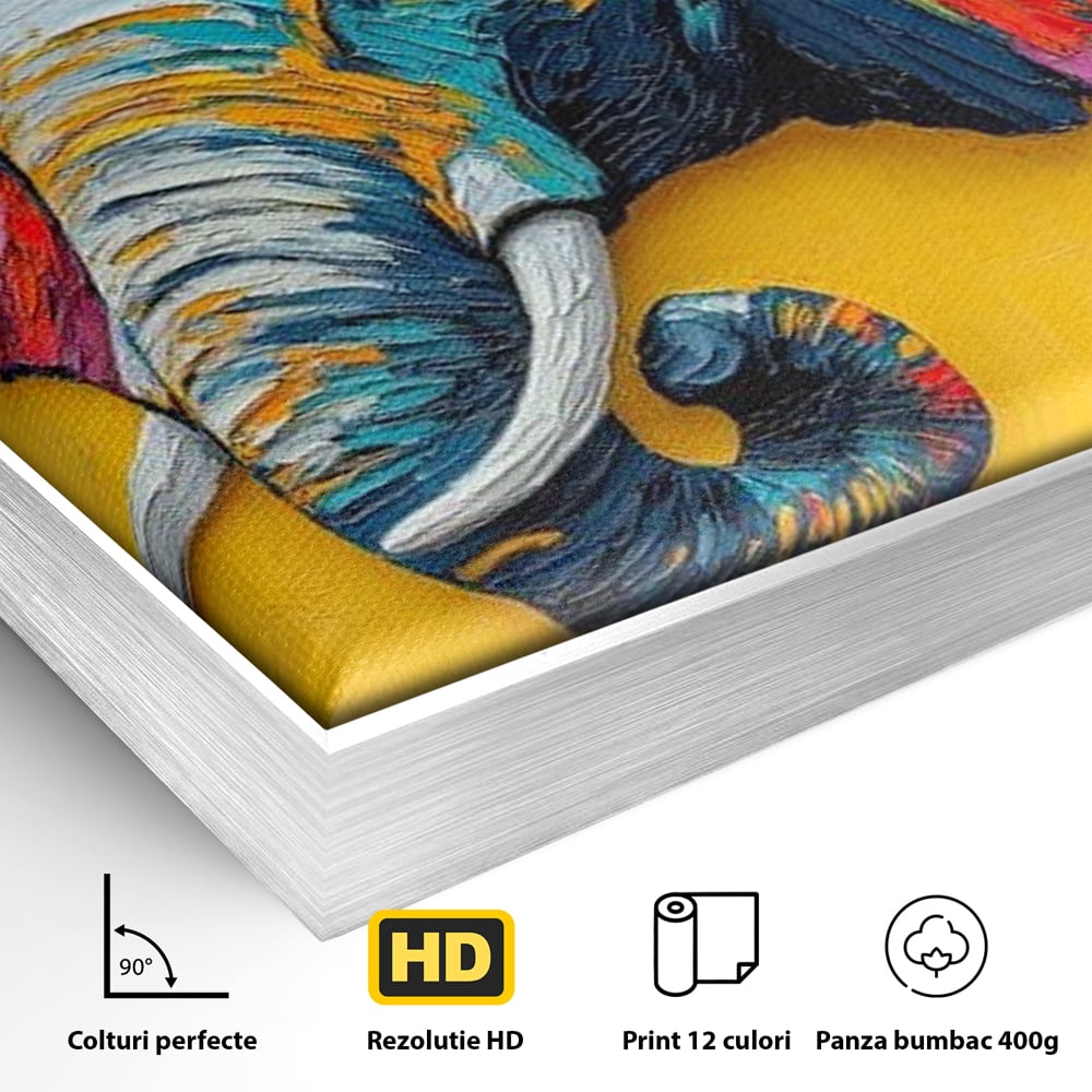 Tablou Canvas Premium, LuxCanva® M1311, Reverie Exotica, Pictura, Elefant, Fluturi, Aripi, Cromatic, Vesel, Portret, Profil, Texturat, Culori Vibrante, Birou, Living, Camera Copil