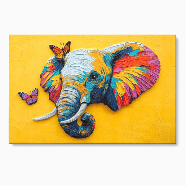 Tablou Canvas Premium, LuxCanva® M1311, Reverie Exotica, Pictura, Elefant, Fluturi, Aripi, Cromatic, Vesel, Portret, Profil, Texturat, Culori Vibrante, Birou, Living, Camera Copil