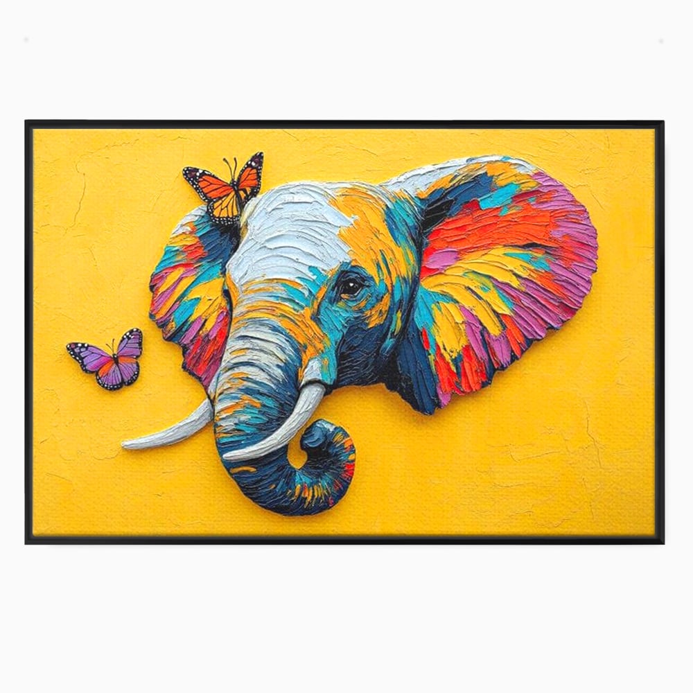 Tablou Canvas Premium, LuxCanva® M1311, Reverie Exotica, Pictura, Elefant, Fluturi, Aripi, Cromatic, Vesel, Portret, Profil, Texturat, Culori Vibrante, Birou, Living, Camera Copil