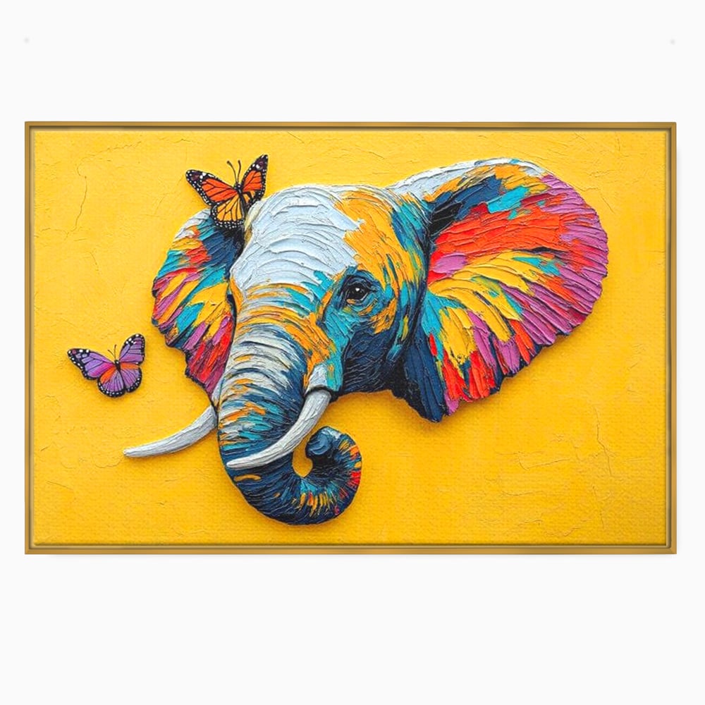 Tablou Canvas Premium, LuxCanva® M1311, Reverie Exotica, Pictura, Elefant, Fluturi, Aripi, Cromatic, Vesel, Portret, Profil, Texturat, Culori Vibrante, Birou, Living, Camera Copil