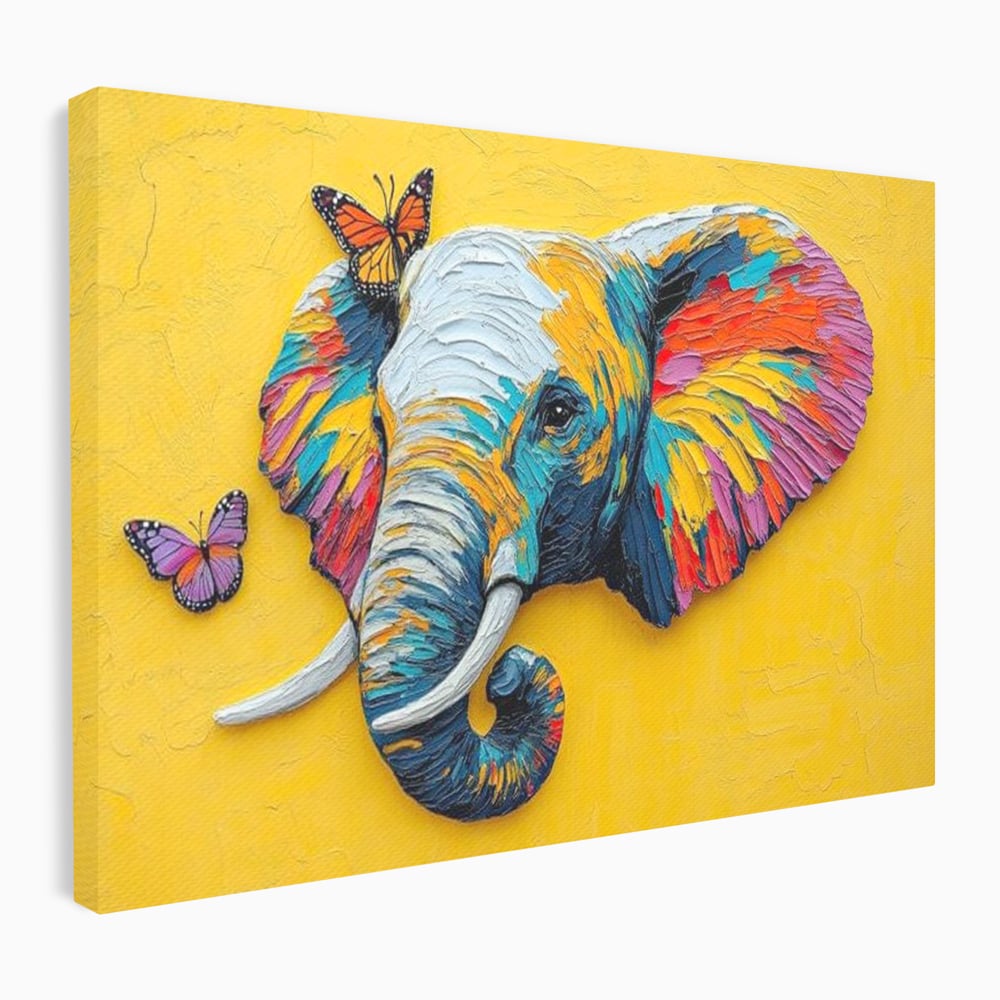Tablou Canvas Premium, LuxCanva® M1311, Reverie Exotica, Pictura, Elefant, Fluturi, Aripi, Cromatic, Vesel, Portret, Profil, Texturat, Culori Vibrante, Birou, Living, Camera Copil