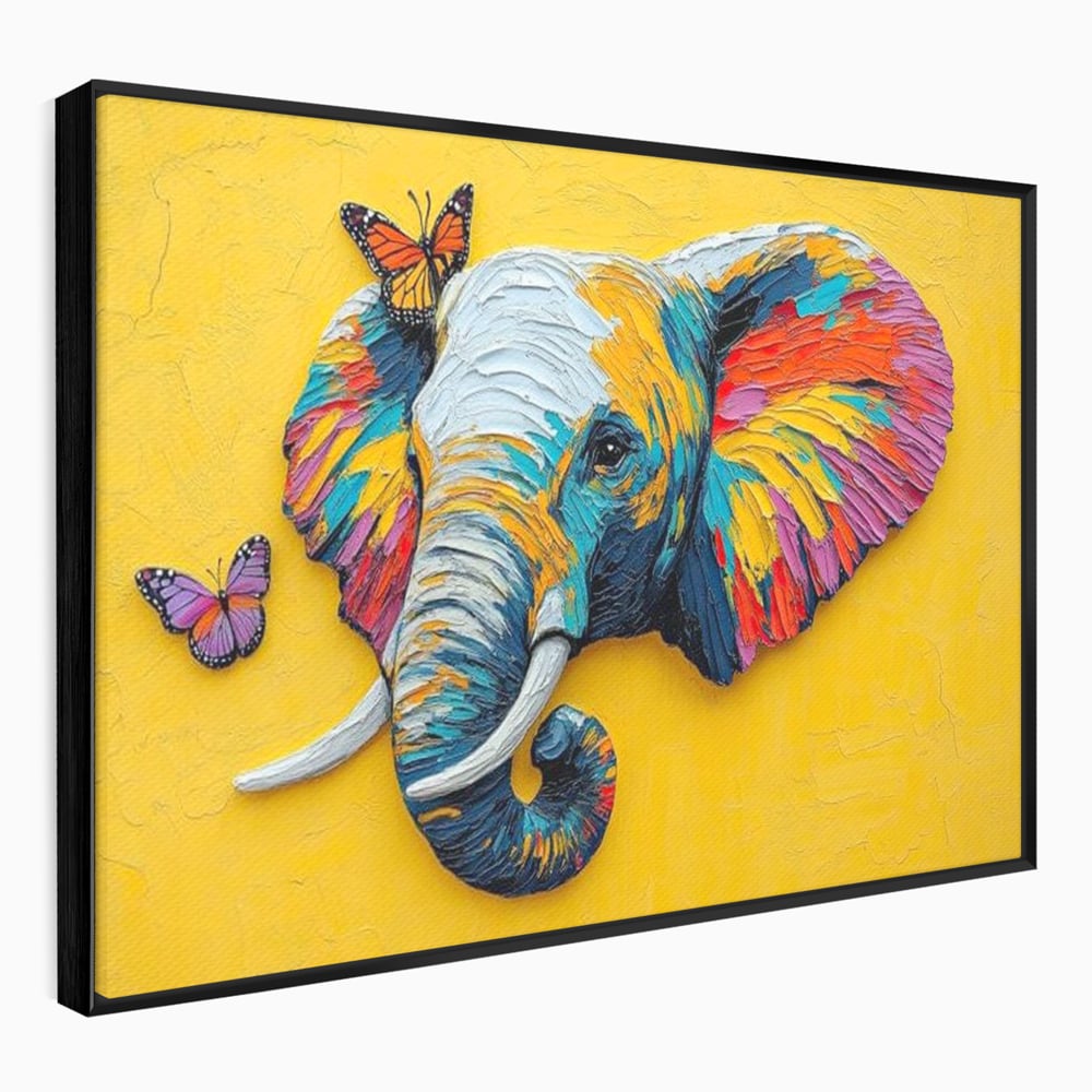 Tablou Canvas Premium, LuxCanva® M1311, Reverie Exotica, Pictura, Elefant, Fluturi, Aripi, Cromatic, Vesel, Portret, Profil, Texturat, Culori Vibrante, Birou, Living, Camera Copil
