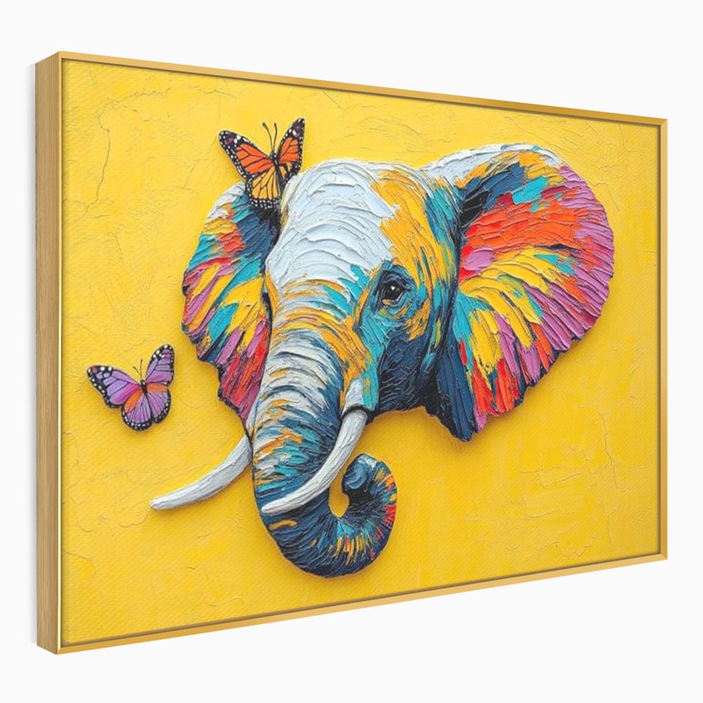 Tablou Canvas Premium, LuxCanva® M1311, Reverie Exotica, Pictura, Elefant, Fluturi, Aripi, Cromatic, Vesel, Portret, Profil, Texturat, Culori Vibrante, Birou, Living, Camera Copil
