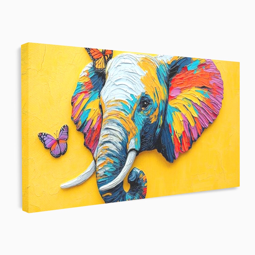 Tablou Canvas Premium, LuxCanva® M1311, Reverie Exotica, Pictura, Elefant, Fluturi, Aripi, Cromatic, Vesel, Portret, Profil, Texturat, Culori Vibrante, Birou, Living, Camera Copil