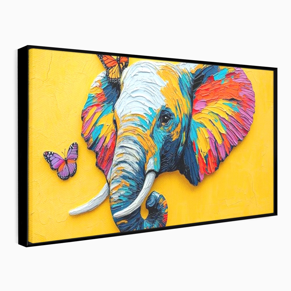 Tablou Canvas Premium, LuxCanva® M1311, Reverie Exotica, Pictura, Elefant, Fluturi, Aripi, Cromatic, Vesel, Portret, Profil, Texturat, Culori Vibrante, Birou, Living, Camera Copil