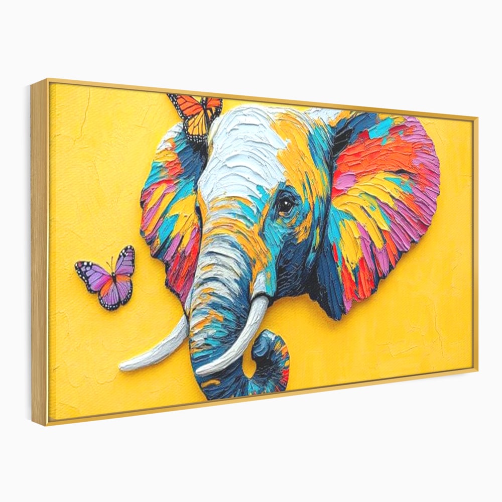 Tablou Canvas Premium, LuxCanva® M1311, Reverie Exotica, Pictura, Elefant, Fluturi, Aripi, Cromatic, Vesel, Portret, Profil, Texturat, Culori Vibrante, Birou, Living, Camera Copil