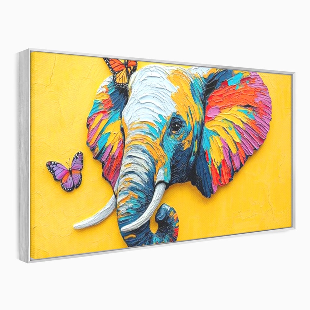 Tablou Canvas Premium, LuxCanva® M1311, Reverie Exotica, Pictura, Elefant, Fluturi, Aripi, Cromatic, Vesel, Portret, Profil, Texturat, Culori Vibrante, Birou, Living, Camera Copil