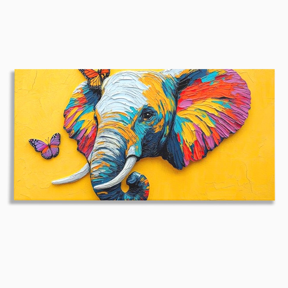 Tablou Canvas Premium, LuxCanva® M1311, Reverie Exotica, Pictura, Elefant, Fluturi, Aripi, Cromatic, Vesel, Portret, Profil, Texturat, Culori Vibrante, Birou, Living, Camera Copil