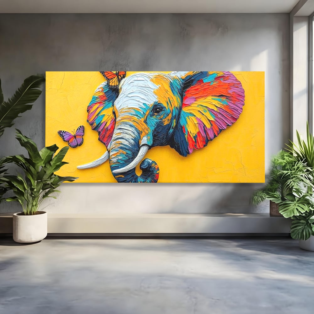 Tablou Canvas Premium, LuxCanva® M1311, Reverie Exotica, Pictura, Elefant, Fluturi, Aripi, Cromatic, Vesel, Portret, Profil, Texturat, Culori Vibrante, Birou, Living, Camera Copil