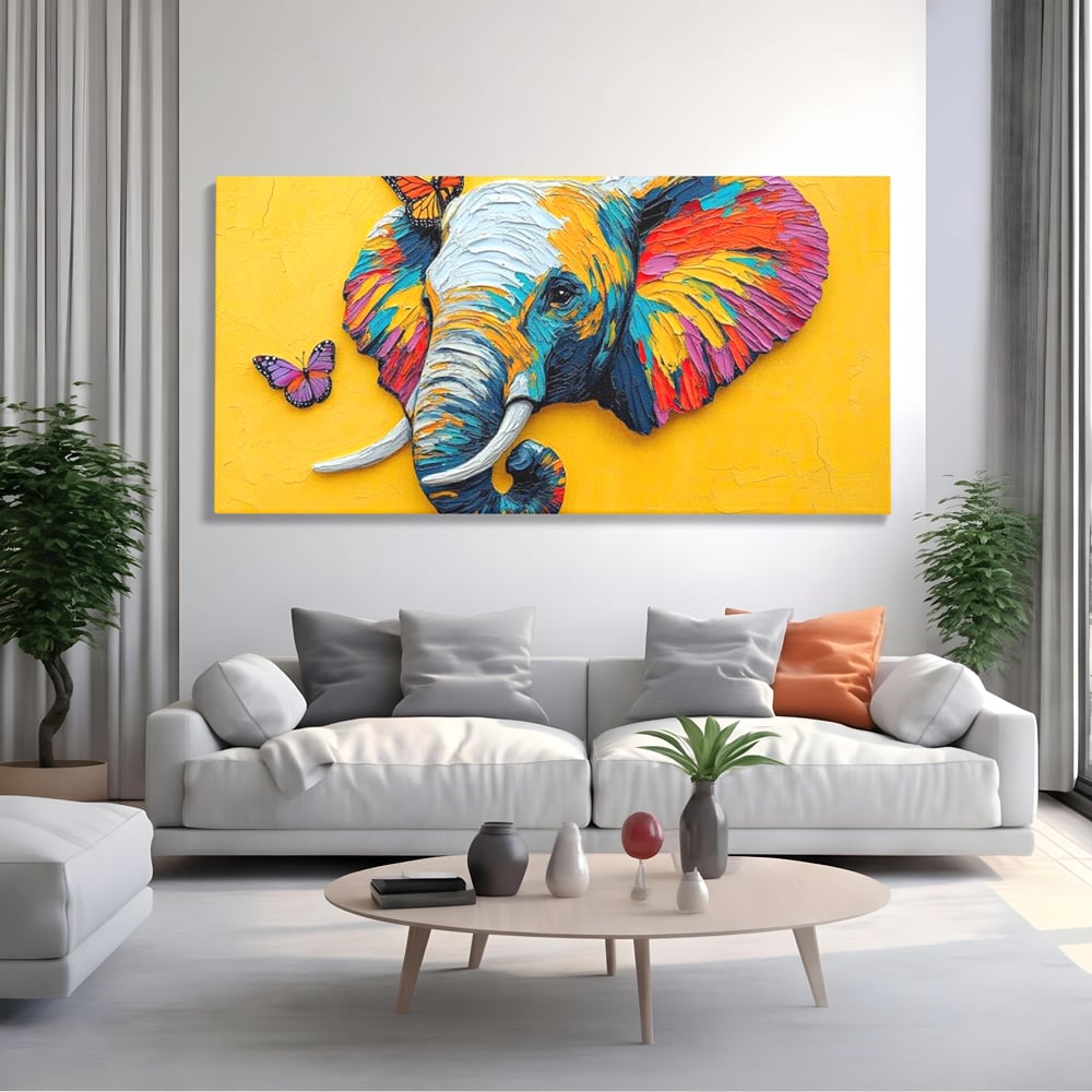 Tablou Canvas Premium, LuxCanva® M1311, Reverie Exotica, Pictura, Elefant, Fluturi, Aripi, Cromatic, Vesel, Portret, Profil, Texturat, Culori Vibrante, Birou, Living, Camera Copil