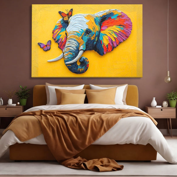 Tablou Canvas Premium, LuxCanva® M1311, Reverie Exotica, Pictura, Elefant, Fluturi, Aripi, Cromatic, Vesel, Portret, Profil, Texturat, Culori Vibrante, Birou, Living, Camera Copil