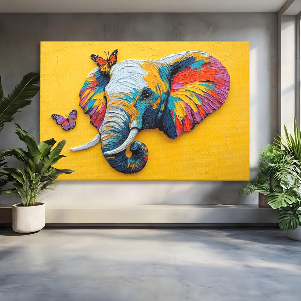 Tablou Canvas Premium, LuxCanva® M1311, Reverie Exotica, Pictura, Elefant, Fluturi, Aripi, Cromatic, Vesel, Portret, Profil, Texturat, Culori Vibrante, Birou, Living, Camera Copil