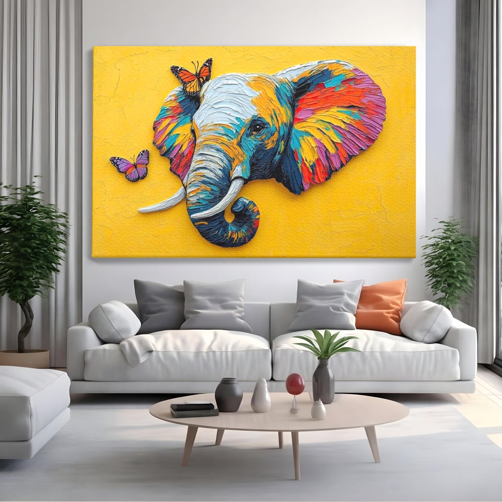 Tablou Canvas Premium, LuxCanva® M1311, Reverie Exotica, Pictura, Elefant, Fluturi, Aripi, Cromatic, Vesel, Portret, Profil, Texturat, Culori Vibrante, Birou, Living, Camera Copil
