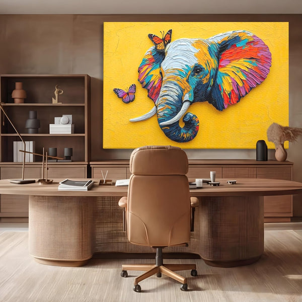Tablou Canvas Premium, LuxCanva® M1311, Reverie Exotica, Pictura, Elefant, Fluturi, Aripi, Cromatic, Vesel, Portret, Profil, Texturat, Culori Vibrante, Birou, Living, Camera Copil