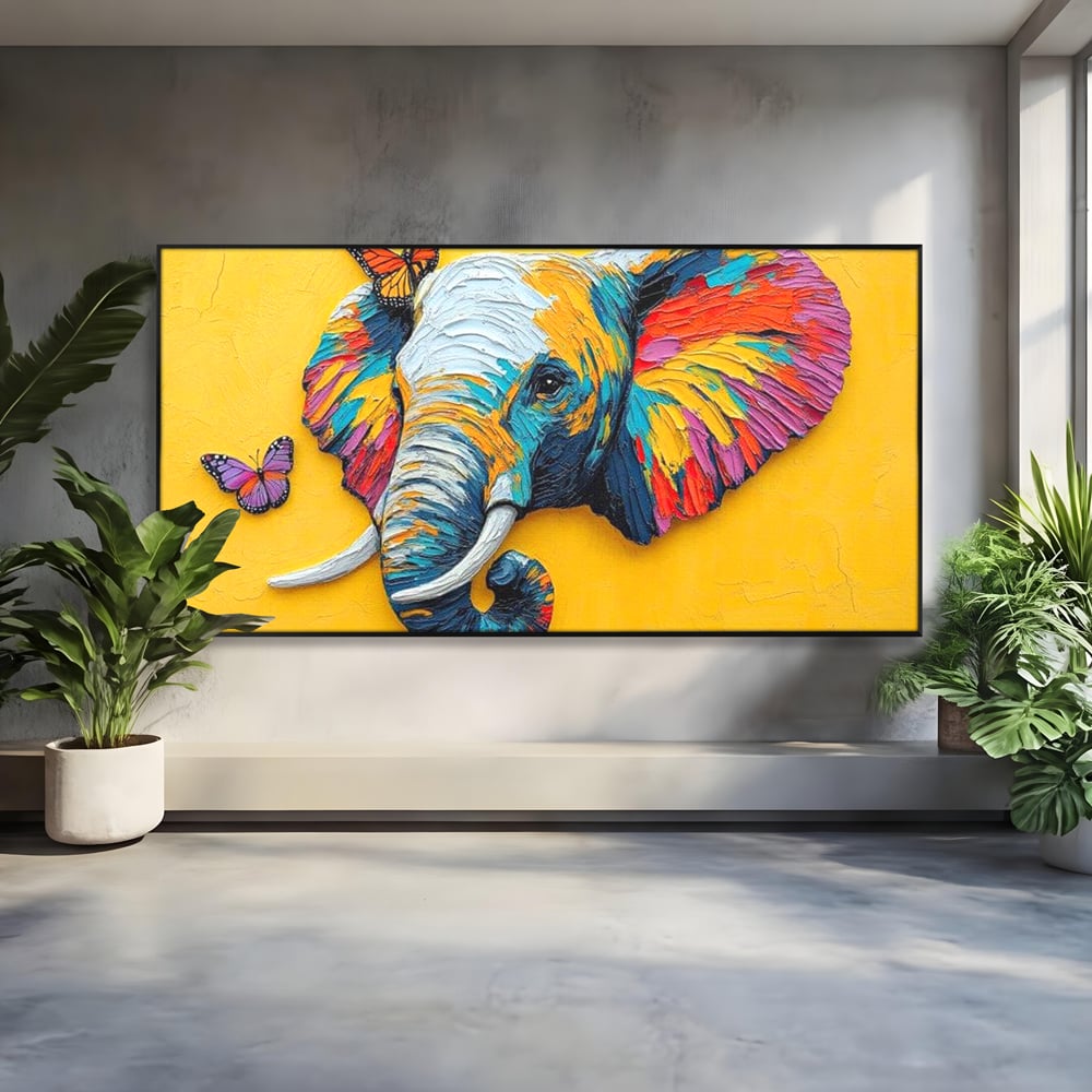 Tablou Canvas Premium, LuxCanva® M1311, Reverie Exotica, Pictura, Elefant, Fluturi, Aripi, Cromatic, Vesel, Portret, Profil, Texturat, Culori Vibrante, Birou, Living, Camera Copil