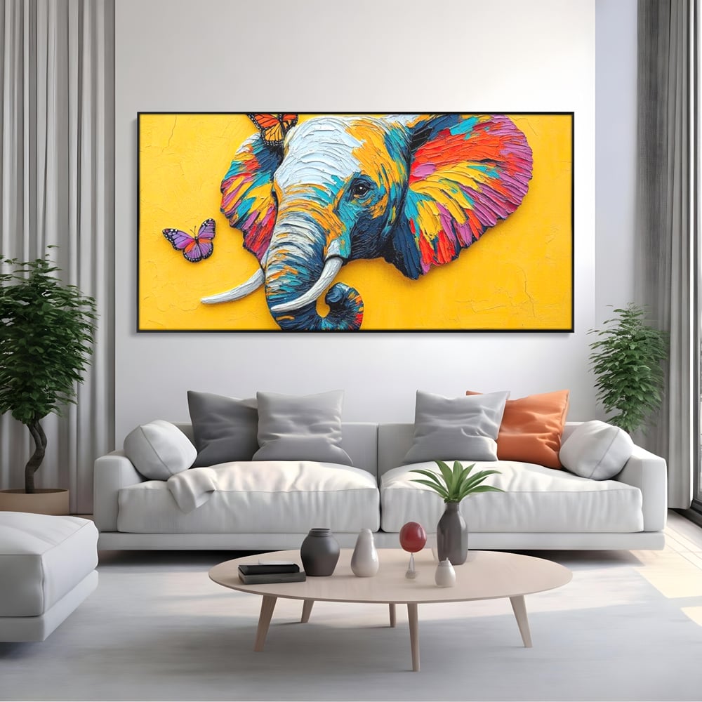 Tablou Canvas Premium, LuxCanva® M1311, Reverie Exotica, Pictura, Elefant, Fluturi, Aripi, Cromatic, Vesel, Portret, Profil, Texturat, Culori Vibrante, Birou, Living, Camera Copil