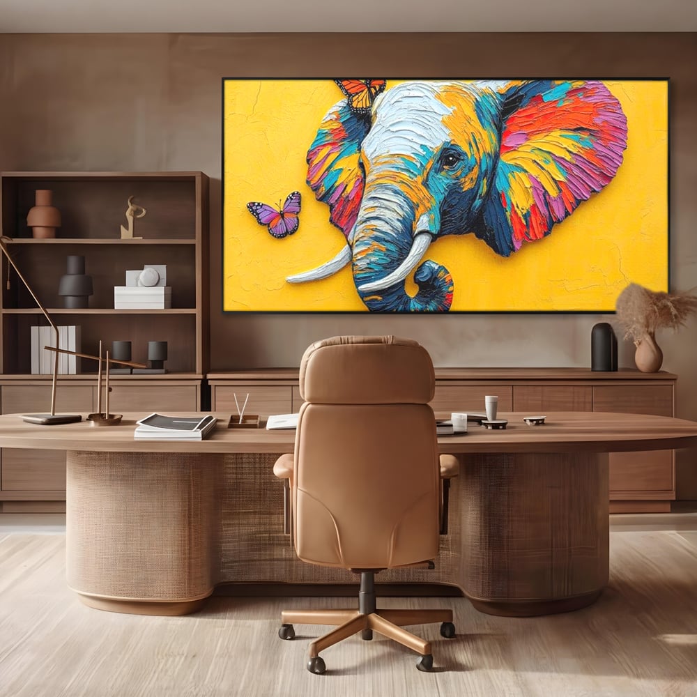 Tablou Canvas Premium, LuxCanva® M1311, Reverie Exotica, Pictura, Elefant, Fluturi, Aripi, Cromatic, Vesel, Portret, Profil, Texturat, Culori Vibrante, Birou, Living, Camera Copil