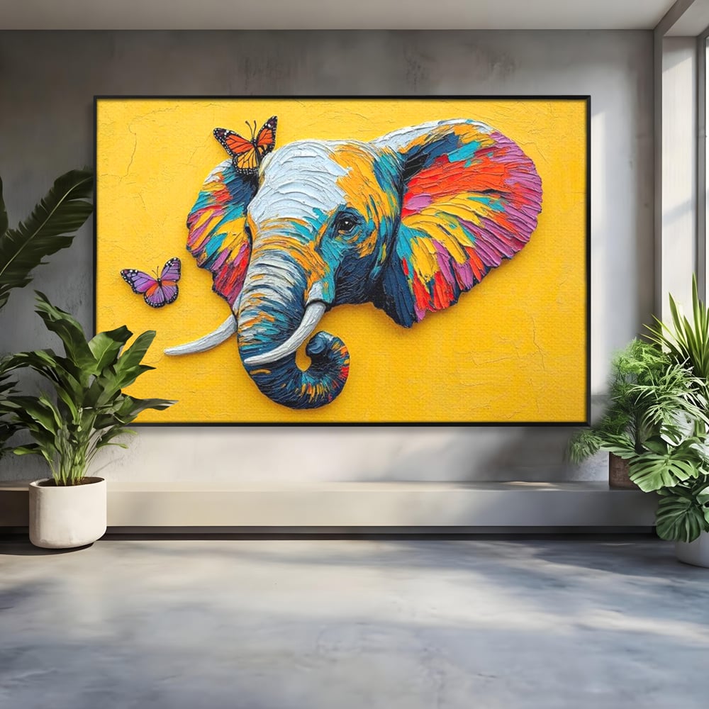 Tablou Canvas Premium, LuxCanva® M1311, Reverie Exotica, Pictura, Elefant, Fluturi, Aripi, Cromatic, Vesel, Portret, Profil, Texturat, Culori Vibrante, Birou, Living, Camera Copil