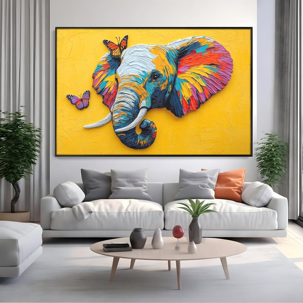 Tablou Canvas Premium, LuxCanva® M1311, Reverie Exotica, Pictura, Elefant, Fluturi, Aripi, Cromatic, Vesel, Portret, Profil, Texturat, Culori Vibrante, Birou, Living, Camera Copil