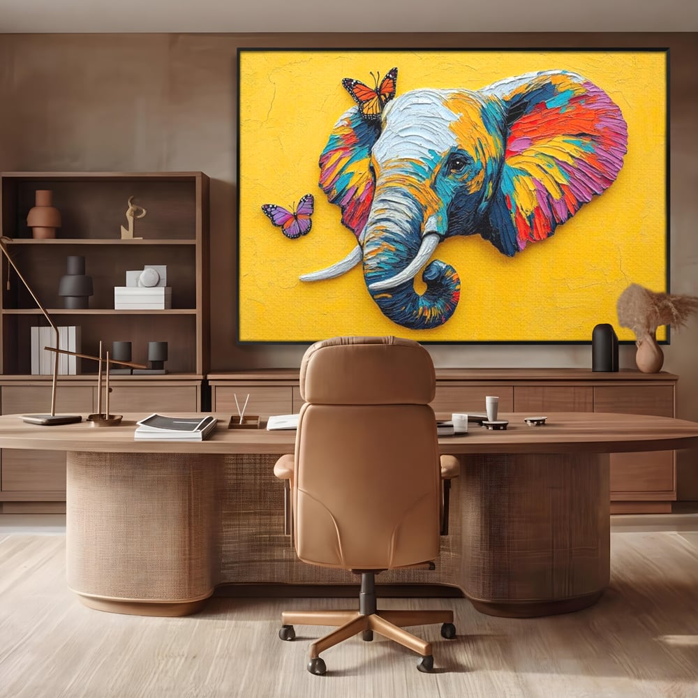 Tablou Canvas Premium, LuxCanva® M1311, Reverie Exotica, Pictura, Elefant, Fluturi, Aripi, Cromatic, Vesel, Portret, Profil, Texturat, Culori Vibrante, Birou, Living, Camera Copil