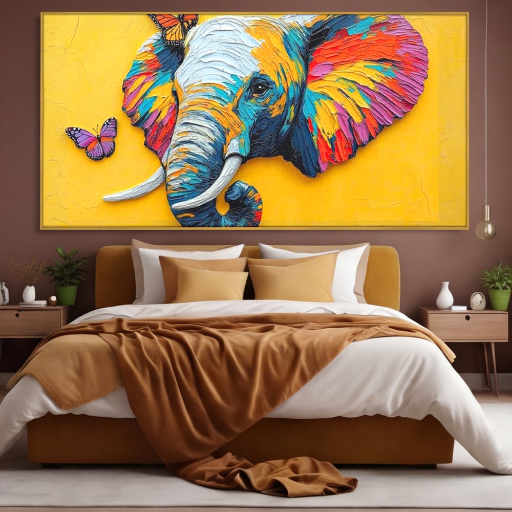 Tablou Canvas Premium, LuxCanva® M1311, Reverie Exotica, Pictura, Elefant, Fluturi, Aripi, Cromatic, Vesel, Portret, Profil, Texturat, Culori Vibrante, Birou, Living, Camera Copil