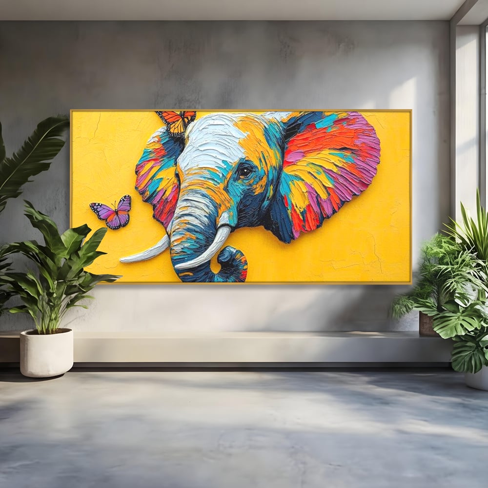 Tablou Canvas Premium, LuxCanva® M1311, Reverie Exotica, Pictura, Elefant, Fluturi, Aripi, Cromatic, Vesel, Portret, Profil, Texturat, Culori Vibrante, Birou, Living, Camera Copil