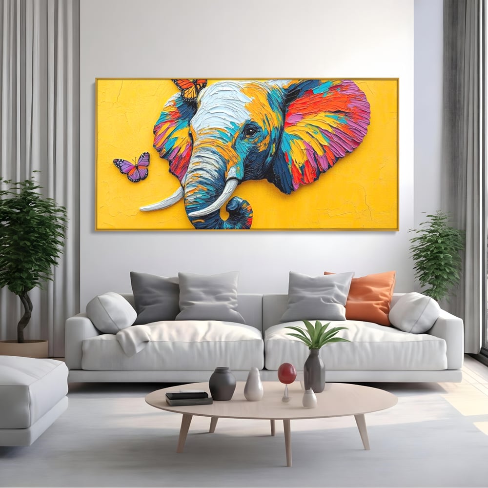Tablou Canvas Premium, LuxCanva® M1311, Reverie Exotica, Pictura, Elefant, Fluturi, Aripi, Cromatic, Vesel, Portret, Profil, Texturat, Culori Vibrante, Birou, Living, Camera Copil