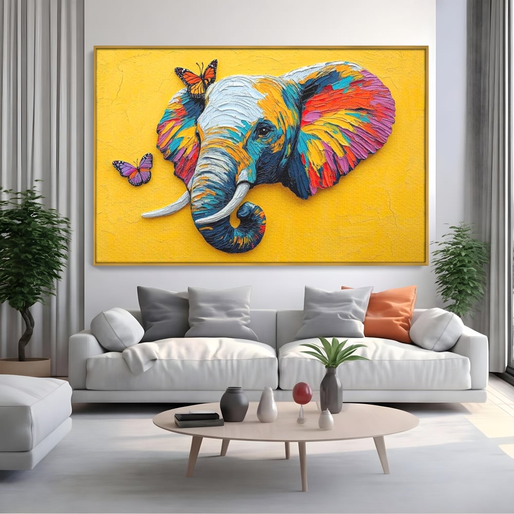 Tablou Canvas Premium, LuxCanva® M1311, Reverie Exotica, Pictura, Elefant, Fluturi, Aripi, Cromatic, Vesel, Portret, Profil, Texturat, Culori Vibrante, Birou, Living, Camera Copil