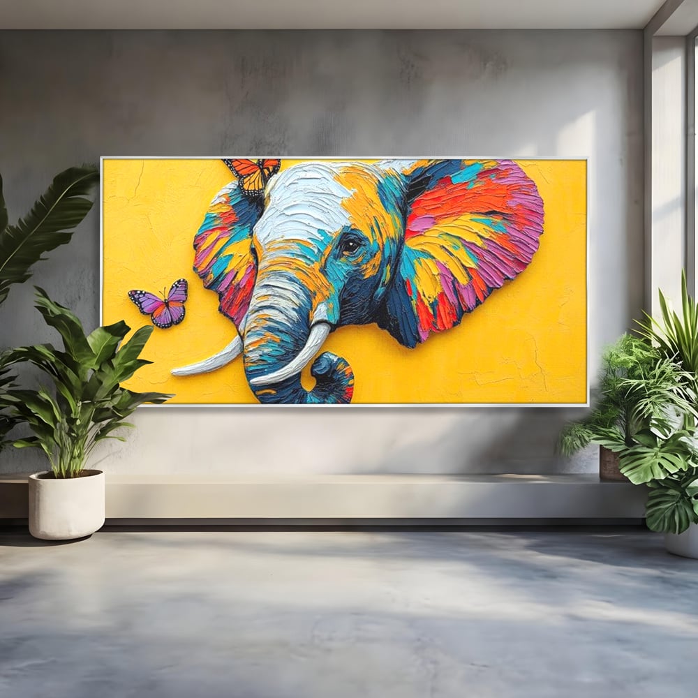 Tablou Canvas Premium, LuxCanva® M1311, Reverie Exotica, Pictura, Elefant, Fluturi, Aripi, Cromatic, Vesel, Portret, Profil, Texturat, Culori Vibrante, Birou, Living, Camera Copil