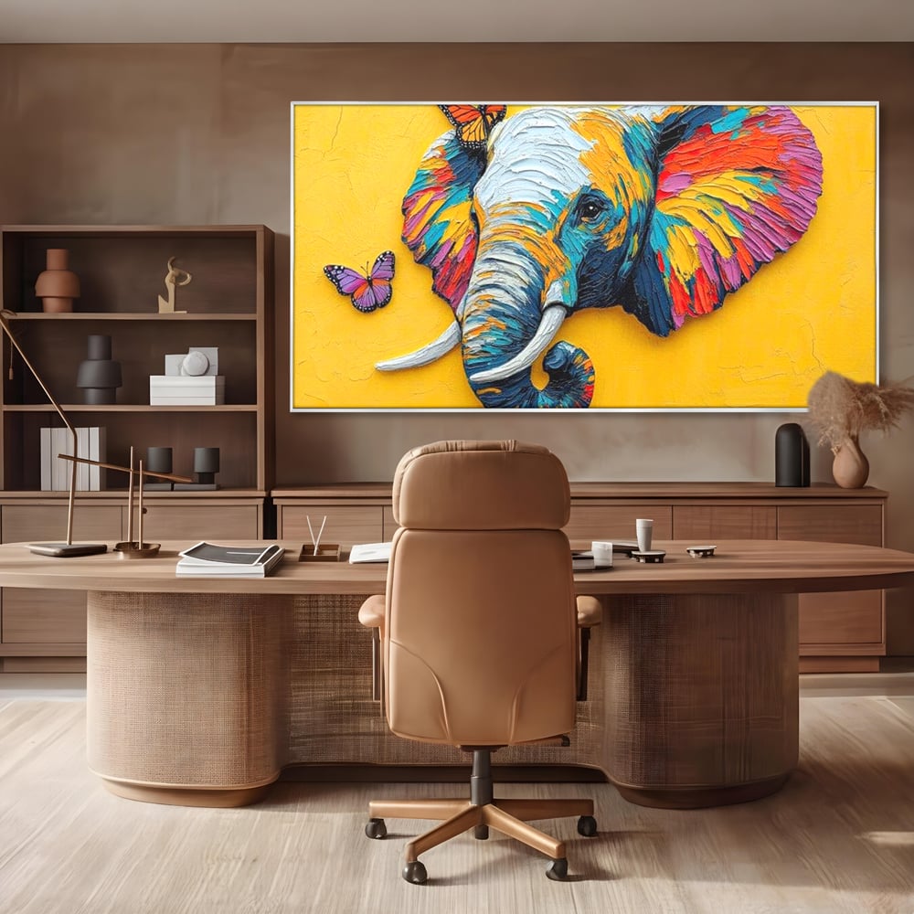 Tablou Canvas Premium, LuxCanva® M1311, Reverie Exotica, Pictura, Elefant, Fluturi, Aripi, Cromatic, Vesel, Portret, Profil, Texturat, Culori Vibrante, Birou, Living, Camera Copil
