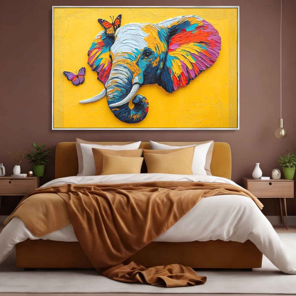 Tablou Canvas Premium, LuxCanva® M1311, Reverie Exotica, Pictura, Elefant, Fluturi, Aripi, Cromatic, Vesel, Portret, Profil, Texturat, Culori Vibrante, Birou, Living, Camera Copil