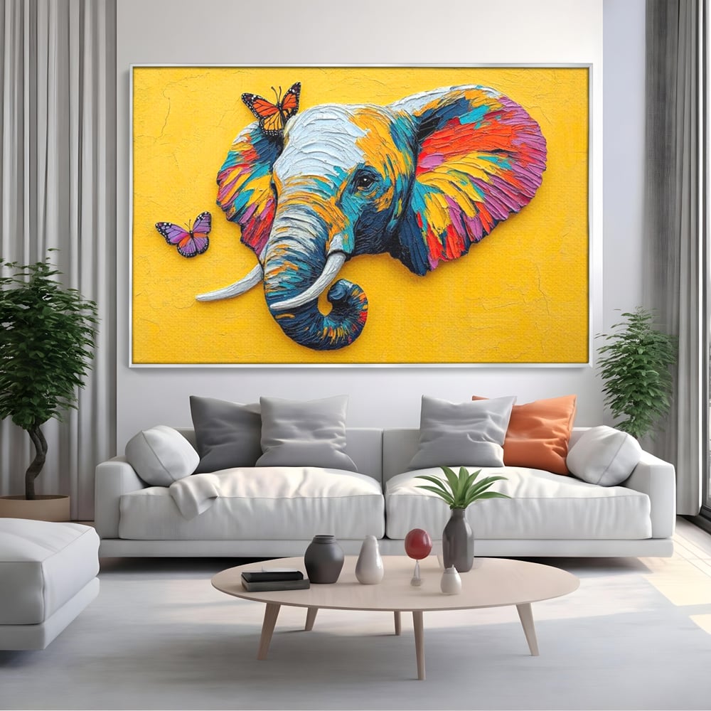Tablou Canvas Premium, LuxCanva® M1311, Reverie Exotica, Pictura, Elefant, Fluturi, Aripi, Cromatic, Vesel, Portret, Profil, Texturat, Culori Vibrante, Birou, Living, Camera Copil