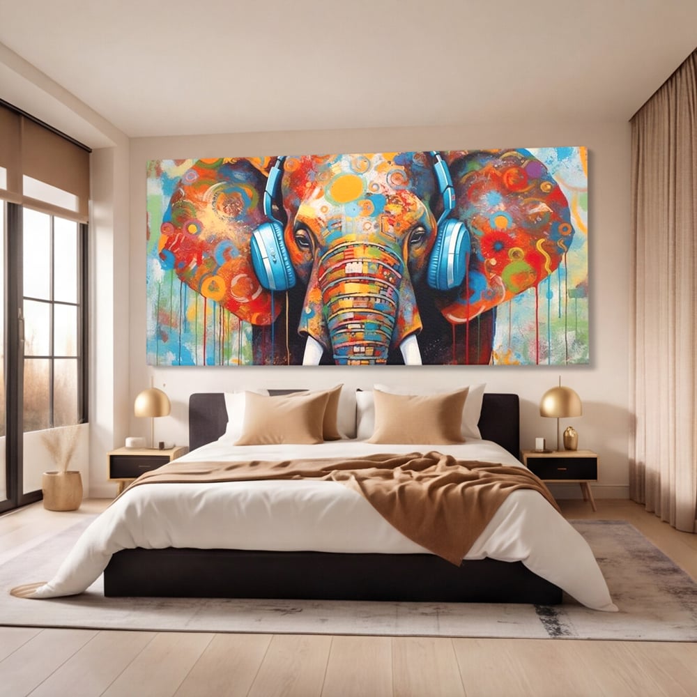 Leinwand Wandbilder Premium, LuxCanva® M1312, Savannah Melody, Funky, Rhythmus, Musik, Elefant, Truhe, Abstrakt, Abstrakt, Malerei, Graffiti, Urban, Tribal, Bunt, Modern, Urban, Büro, Wohnen, Kinderzimmer