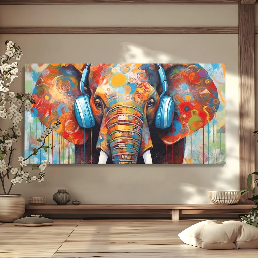 Leinwand Wandbilder Premium, LuxCanva® M1312, Savannah Melody, Funky, Rhythmus, Musik, Elefant, Truhe, Abstrakt, Abstrakt, Malerei, Graffiti, Urban, Tribal, Bunt, Modern, Urban, Büro, Wohnen, Kinderzimmer