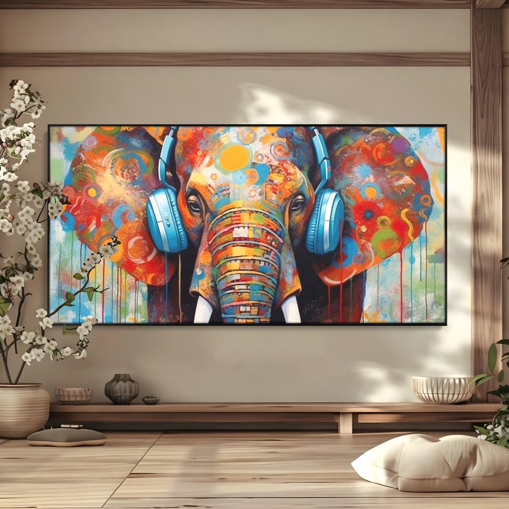 Leinwand Wandbilder Premium, LuxCanva® M1312, Savannah Melody, Funky, Rhythmus, Musik, Elefant, Truhe, Abstrakt, Abstrakt, Malerei, Graffiti, Urban, Tribal, Bunt, Modern, Urban, Büro, Wohnen, Kinderzimmer