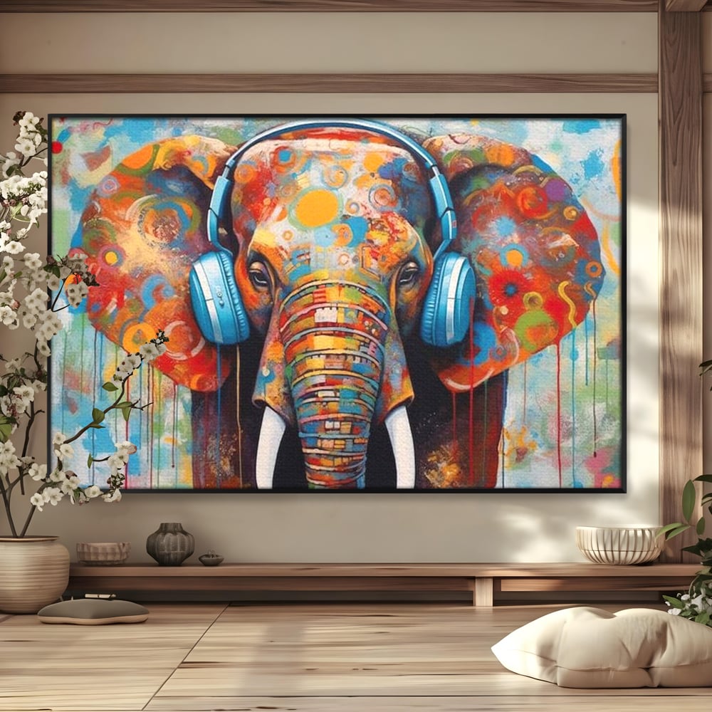 Leinwand Wandbilder Premium, LuxCanva® M1312, Savannah Melody, Funky, Rhythmus, Musik, Elefant, Truhe, Abstrakt, Abstrakt, Malerei, Graffiti, Urban, Tribal, Bunt, Modern, Urban, Büro, Wohnen, Kinderzimmer