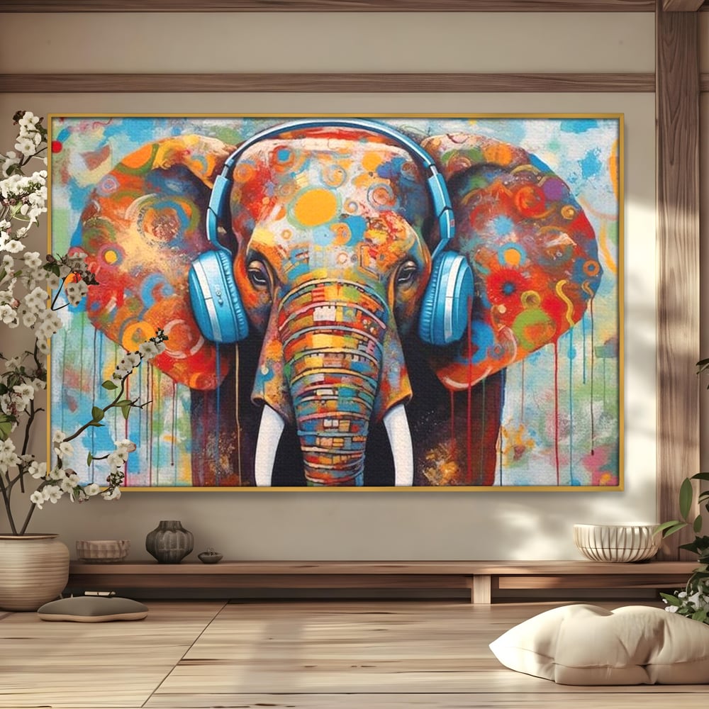 Leinwand Wandbilder Premium, LuxCanva® M1312, Savannah Melody, Funky, Rhythmus, Musik, Elefant, Truhe, Abstrakt, Abstrakt, Malerei, Graffiti, Urban, Tribal, Bunt, Modern, Urban, Büro, Wohnen, Kinderzimmer