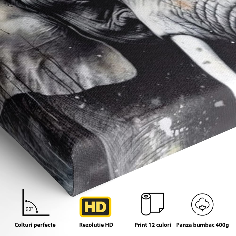 Leinwand Premium Canvas Wandkunst, LuxCanva® M1313, Staub des Universums, Elefant, künstlerisch, Profil, Malerei, Colti, Grafit, Grau, Abstrakt, Realistisch, Tier, Wild, Büro, Wohnen, Kinderzimmer