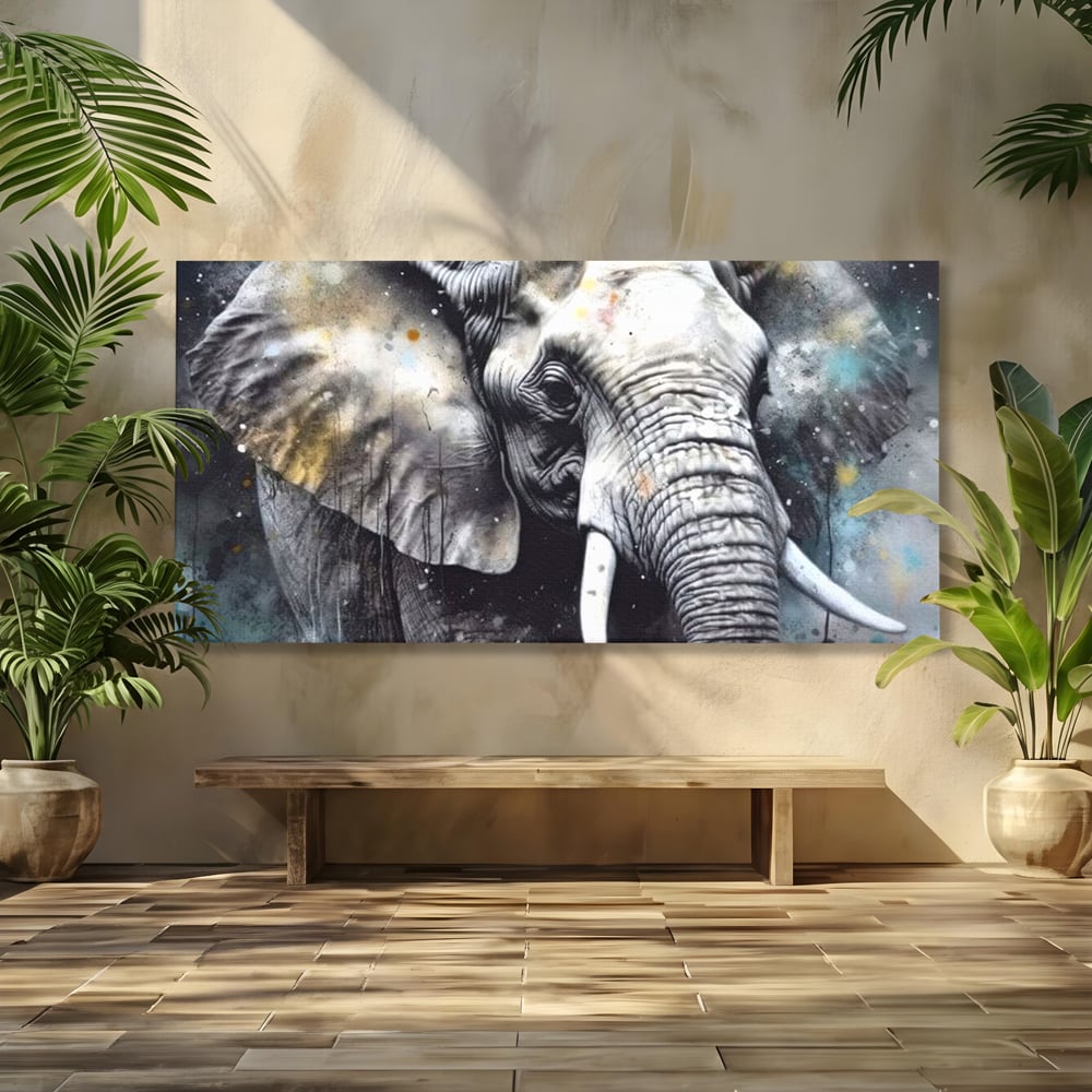 Leinwand Premium Canvas Wandkunst, LuxCanva® M1313, Staub des Universums, Elefant, künstlerisch, Profil, Malerei, Colti, Grafit, Grau, Abstrakt, Realistisch, Tier, Wild, Büro, Wohnen, Kinderzimmer