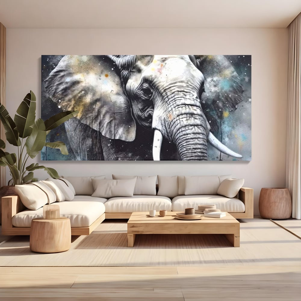 Leinwand Premium Canvas Wandkunst, LuxCanva® M1313, Staub des Universums, Elefant, künstlerisch, Profil, Malerei, Colti, Grafit, Grau, Abstrakt, Realistisch, Tier, Wild, Büro, Wohnen, Kinderzimmer