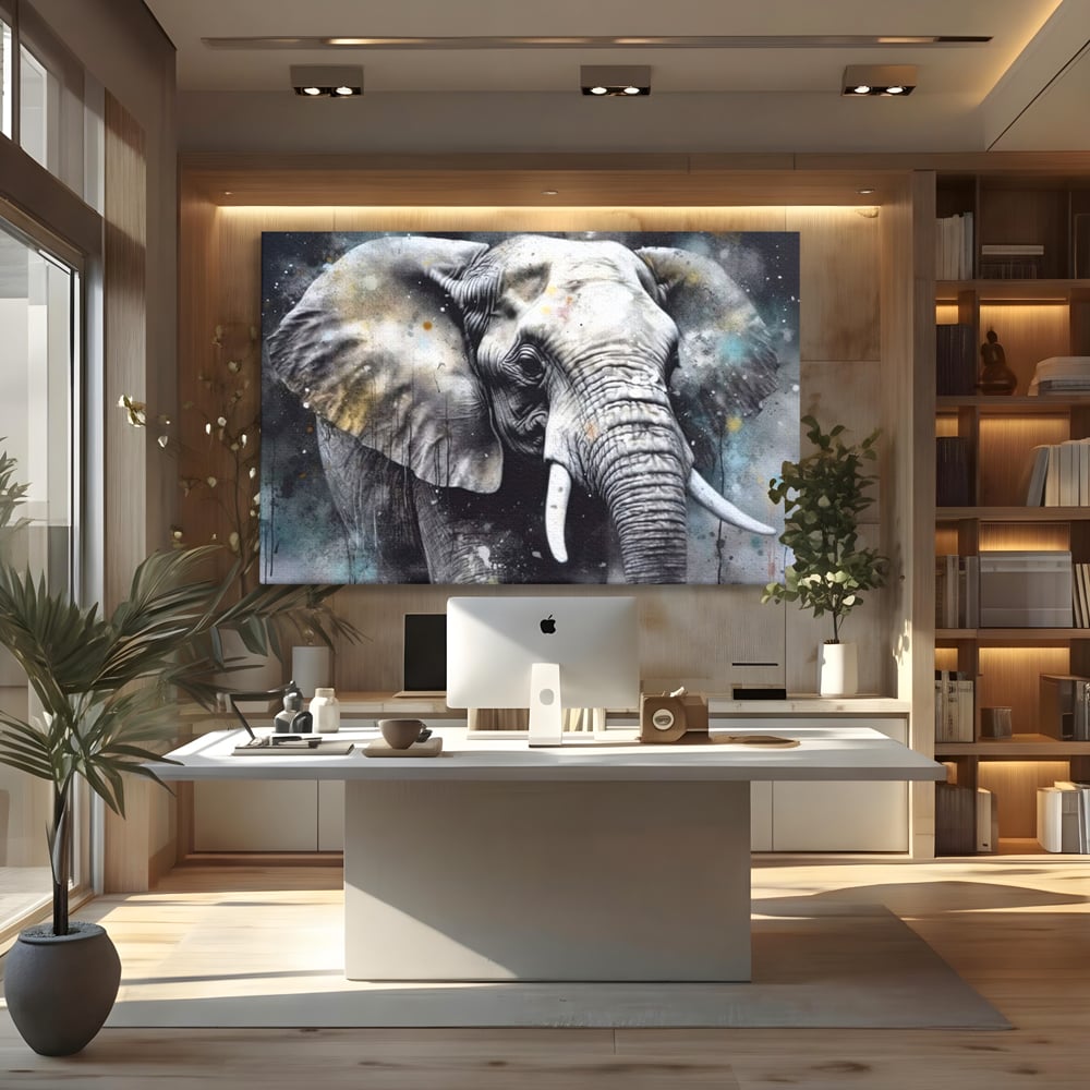 Leinwand Premium Canvas Wandkunst, LuxCanva® M1313, Staub des Universums, Elefant, künstlerisch, Profil, Malerei, Colti, Grafit, Grau, Abstrakt, Realistisch, Tier, Wild, Büro, Wohnen, Kinderzimmer