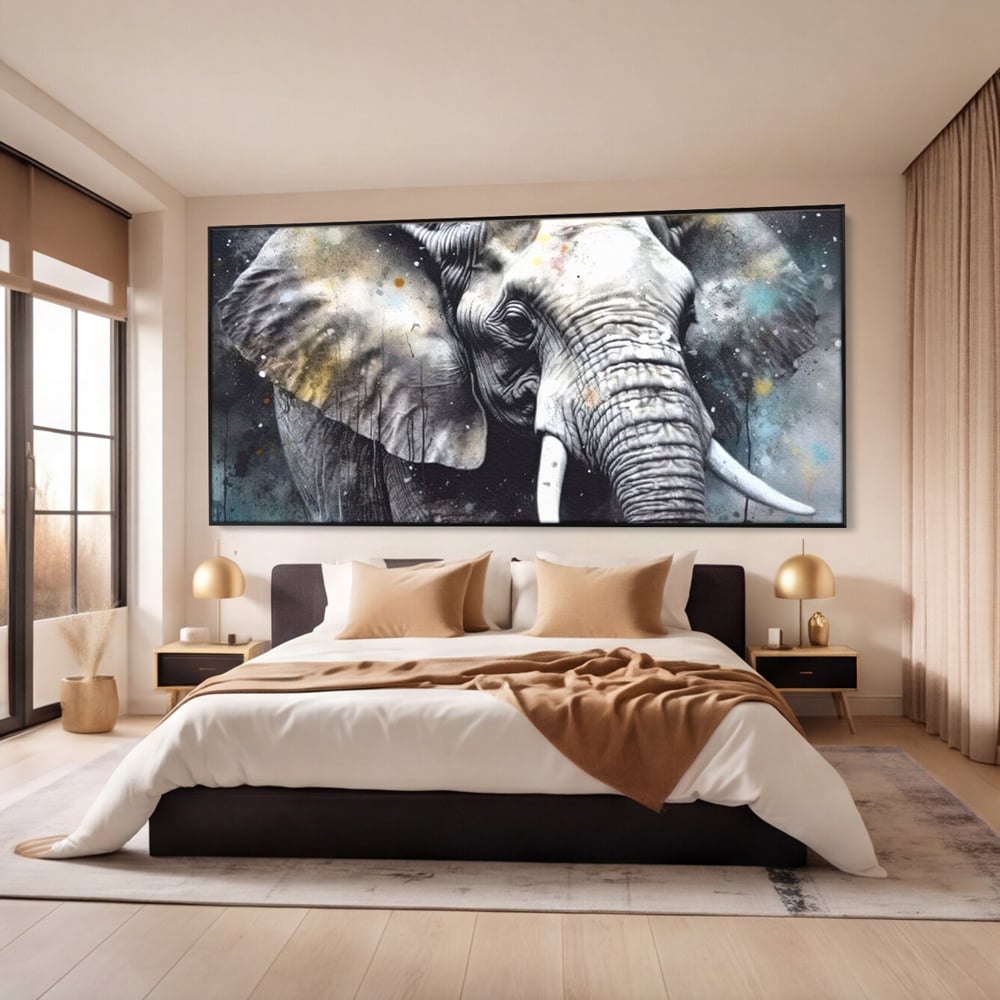 Leinwand Premium Canvas Wandkunst, LuxCanva® M1313, Staub des Universums, Elefant, künstlerisch, Profil, Malerei, Colti, Grafit, Grau, Abstrakt, Realistisch, Tier, Wild, Büro, Wohnen, Kinderzimmer